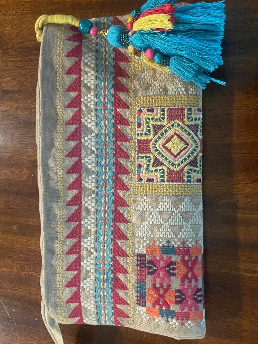 Johnny Was La Chakra Linen Clutch Embroidered Boho Bag Tassels 11" x 12"